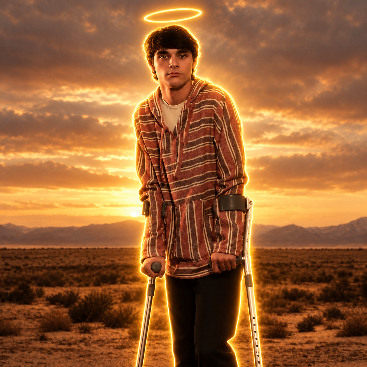 Illustrated portrait of Walter Jr. in a striped hoodie with crutches, outlined in gold light with a small halo, standing in a desert at sunset