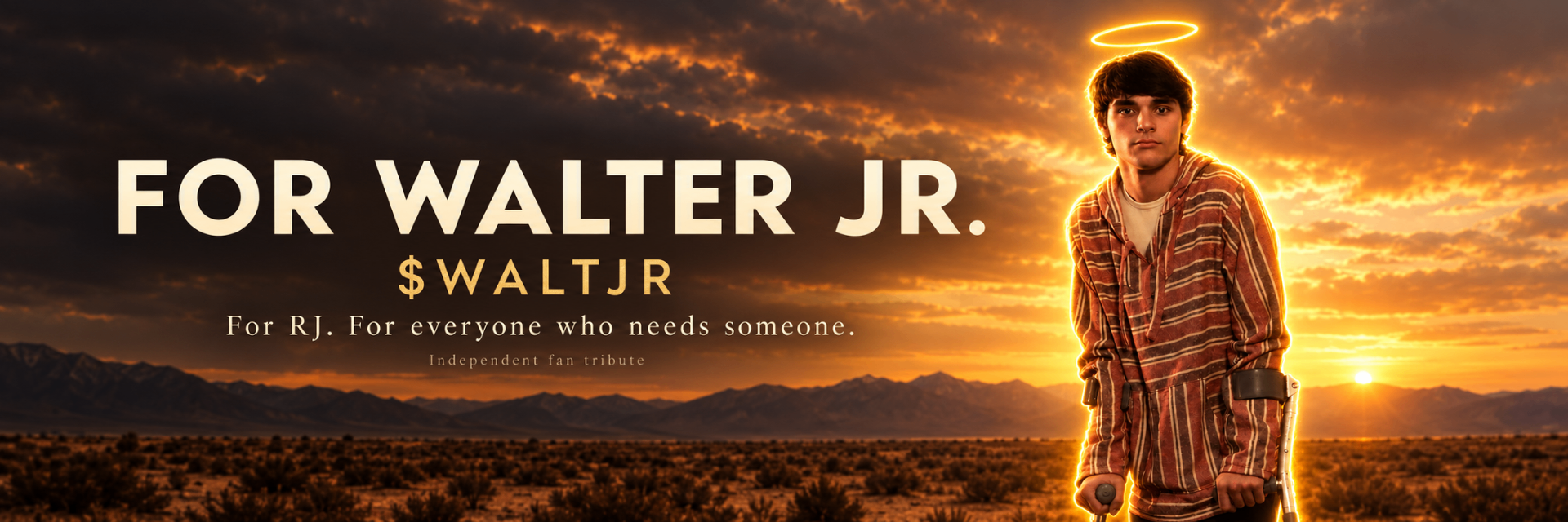 Desert sunset banner showing Walter Jr. with a gold glow beside the words For Walter Jr.